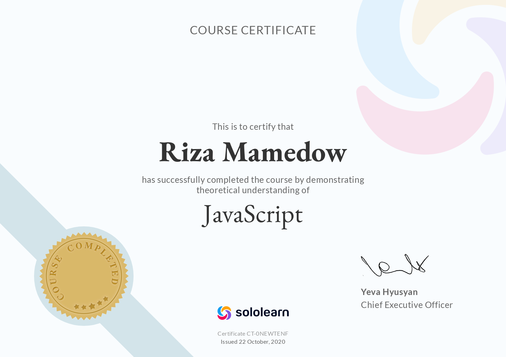 certificate:  Javascript
