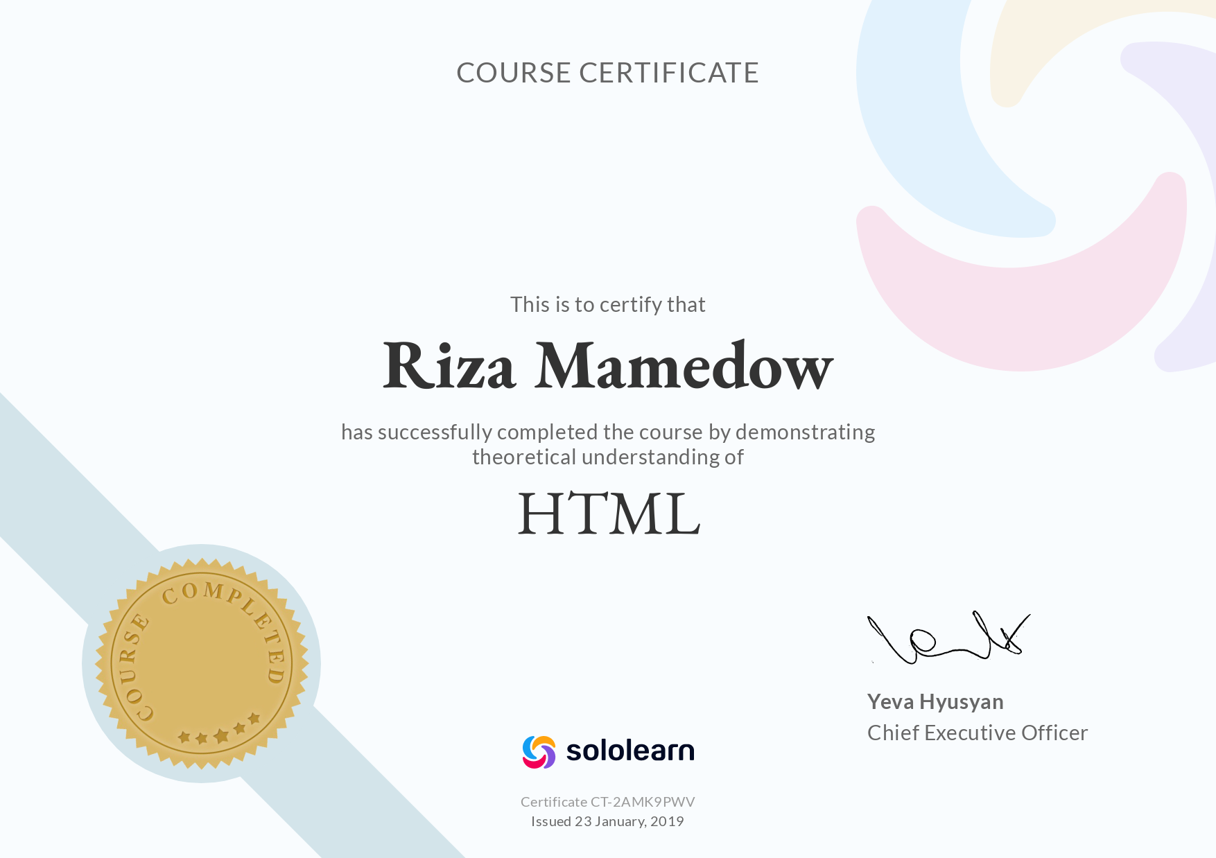 certificate:  HTML