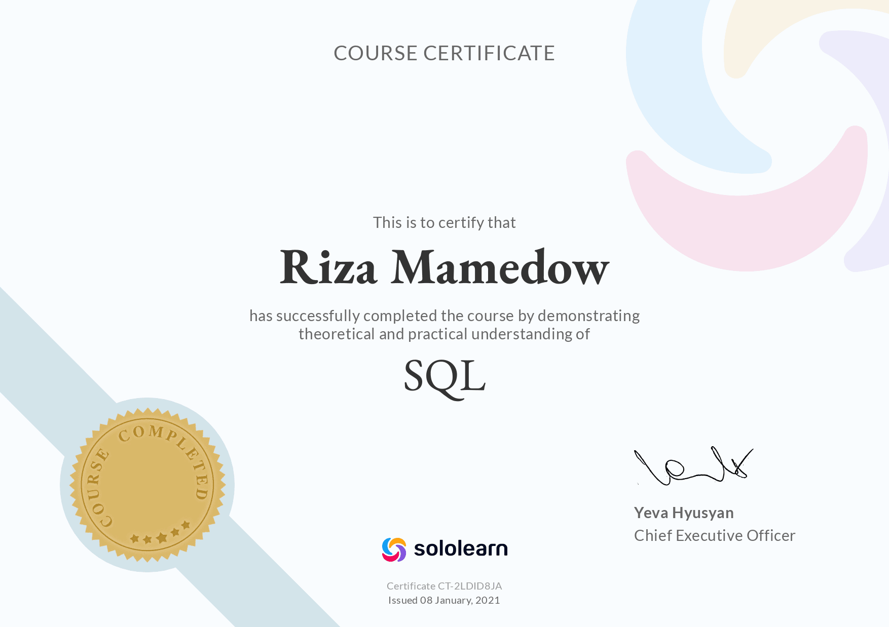 certificate:  SQL